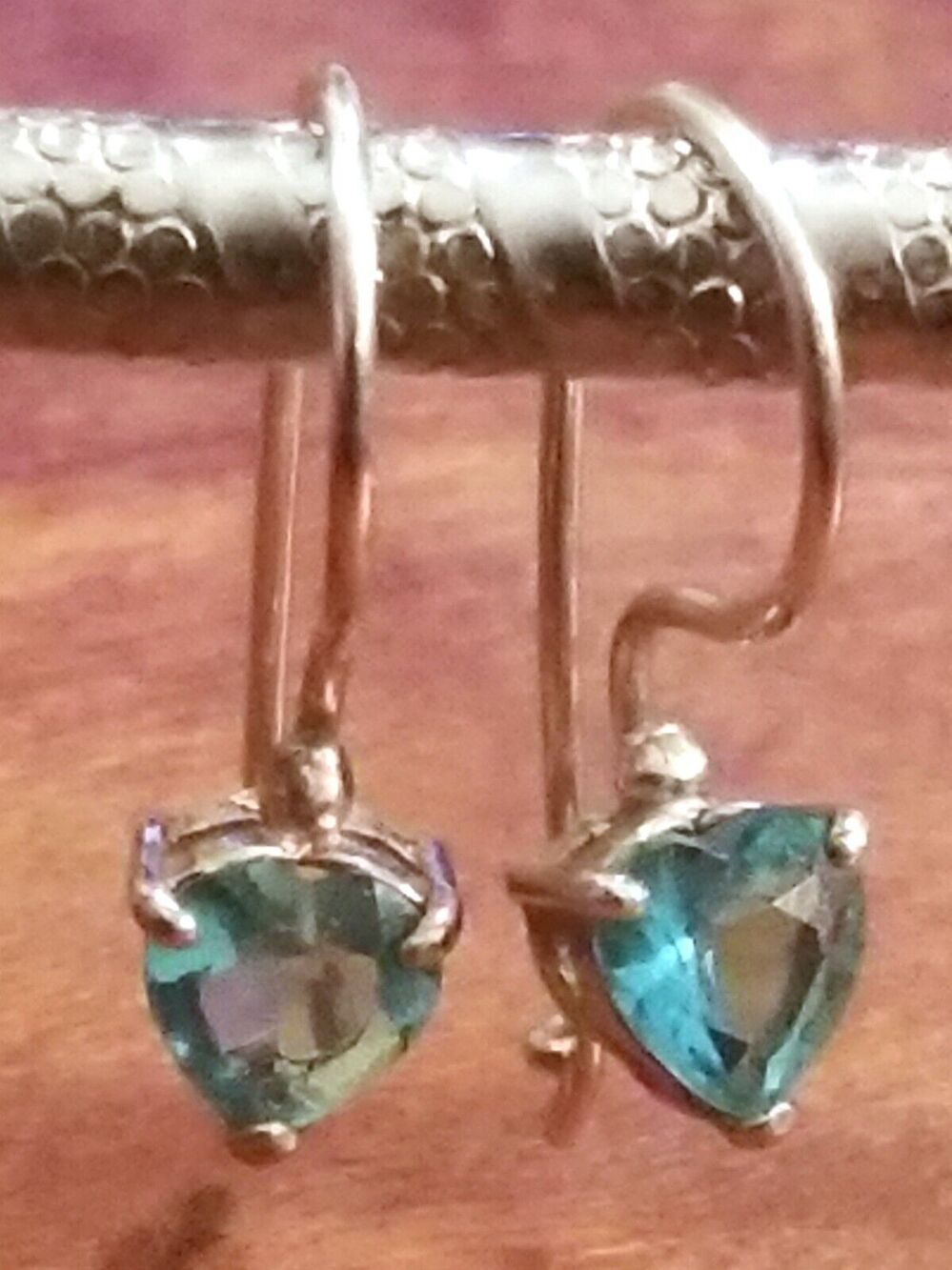 Vintage 925 Sterling Silver Blue Topaz Heart Shaped Dangle Earrings